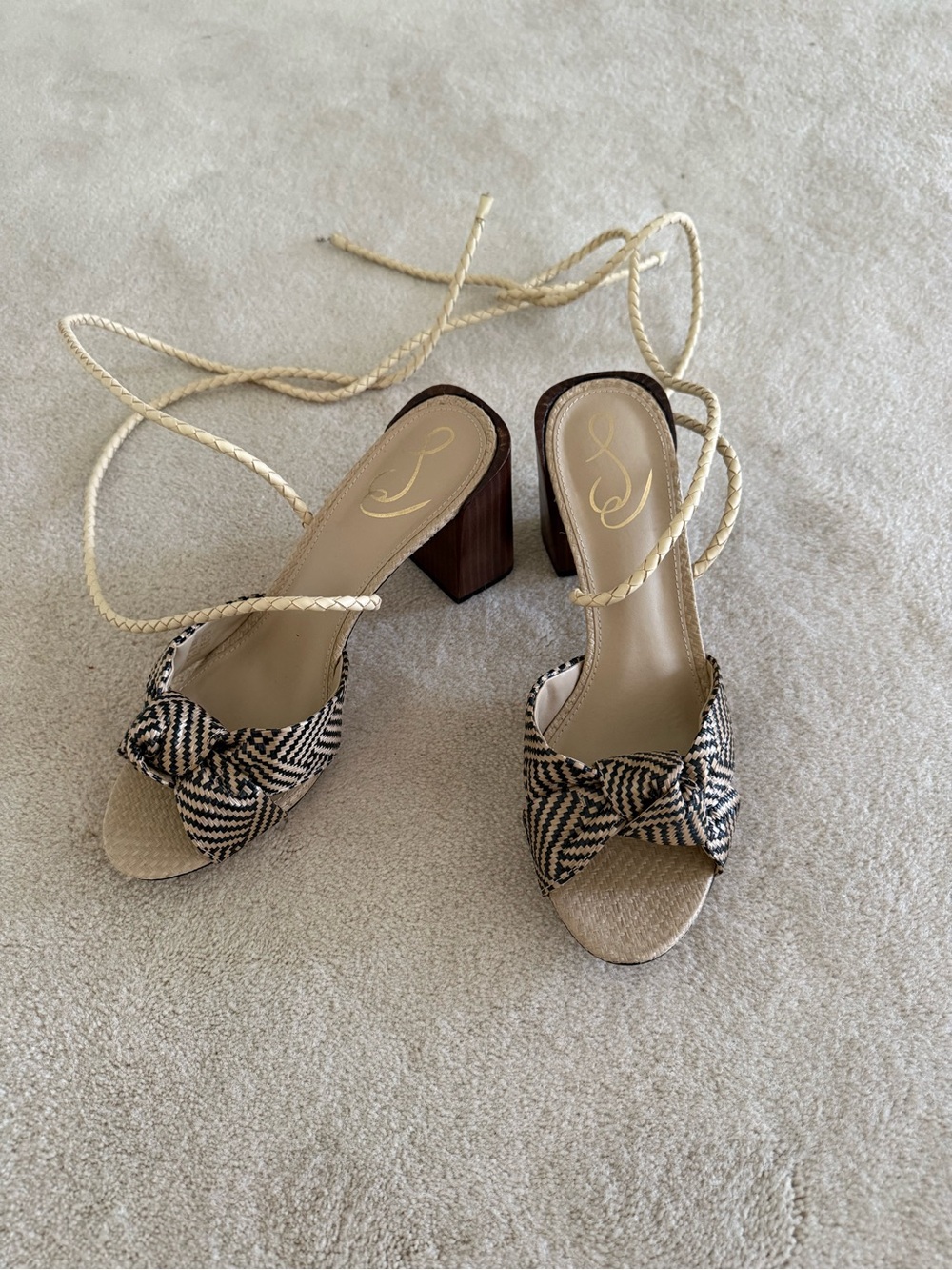 Sam Edelman Woven Knot Front Block Heel Sandals in Beige & Black
